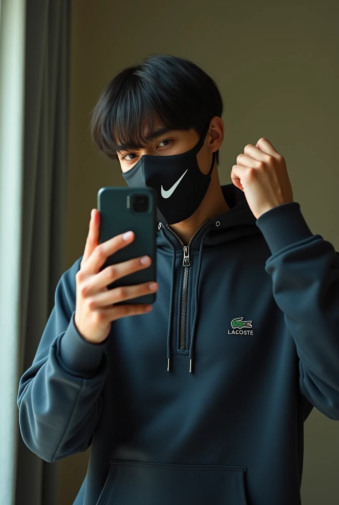 Create a photo of a young Brazilian man taking a photo with an iPhone in front of the mirror wearing a Lacoste outfit and a Nike mask covering his face with straight black hair