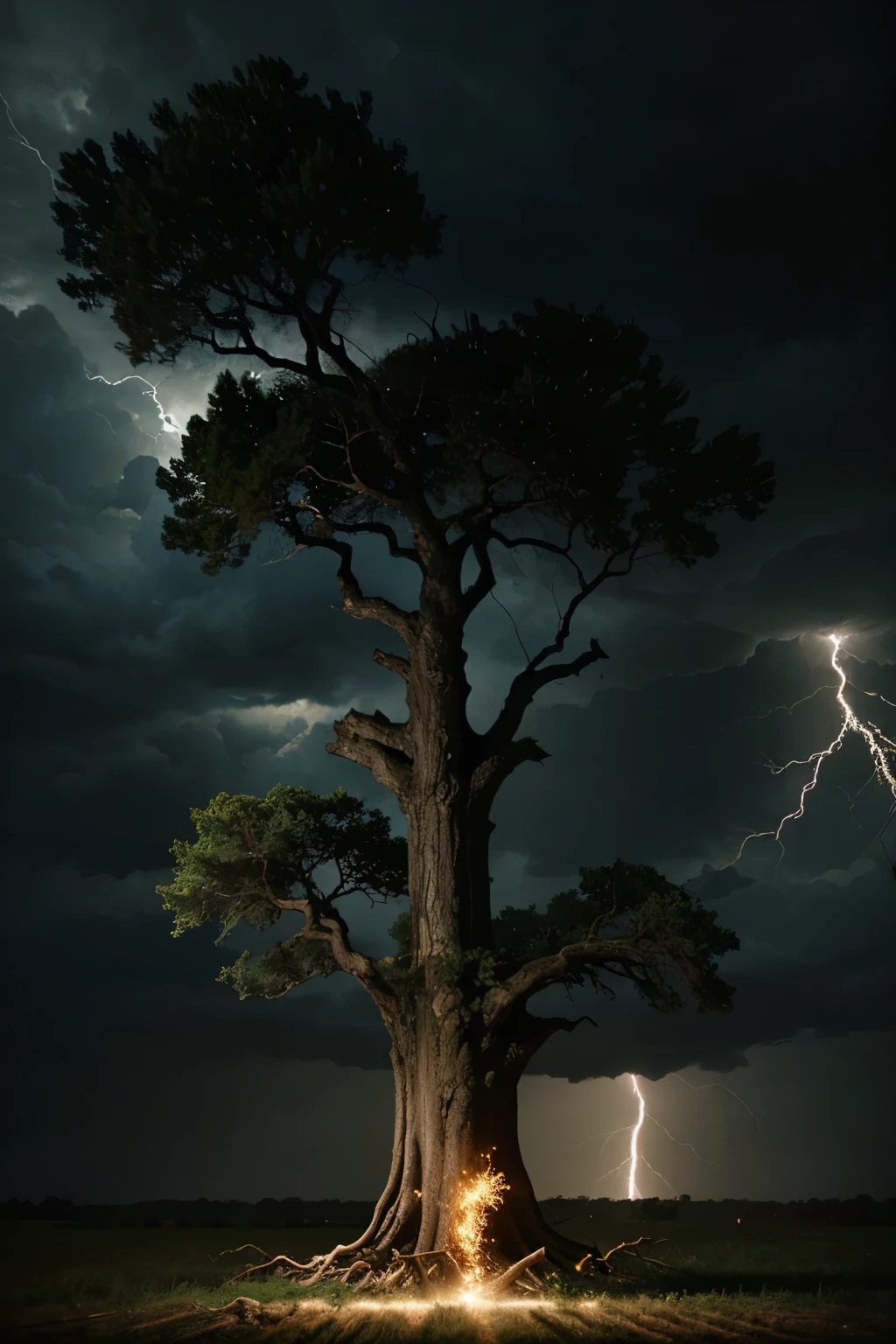 An illustration of a strong oak tree being uprooted by a fierce storm, symbolizing the idea that even the strongest can be broken down to rebuild something greater.