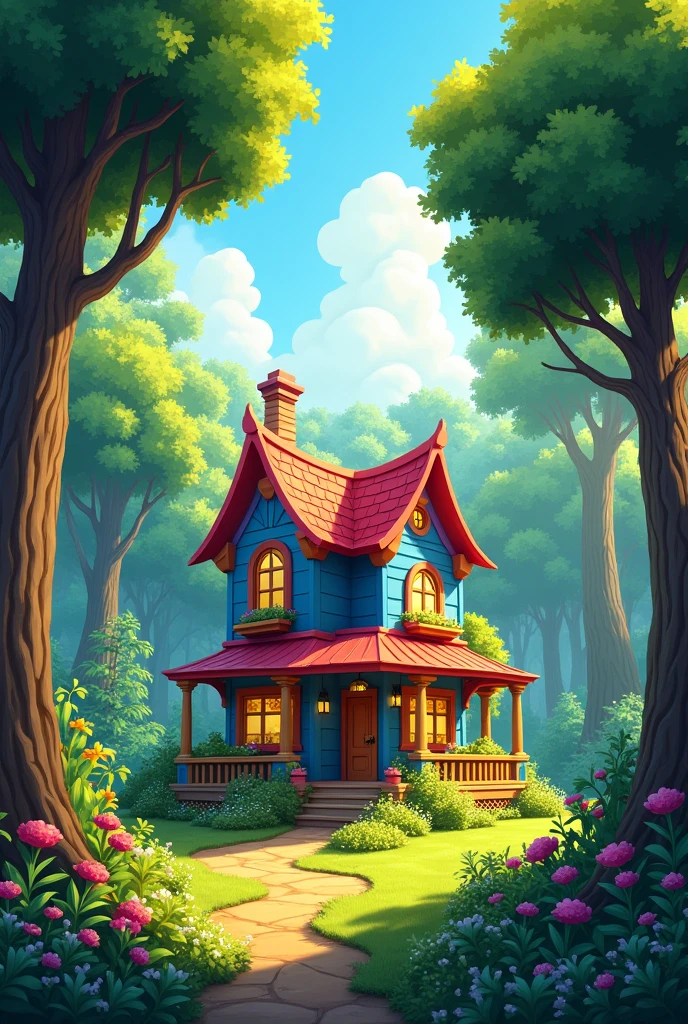 forest with a colorful house, blue sky and sun rays 

