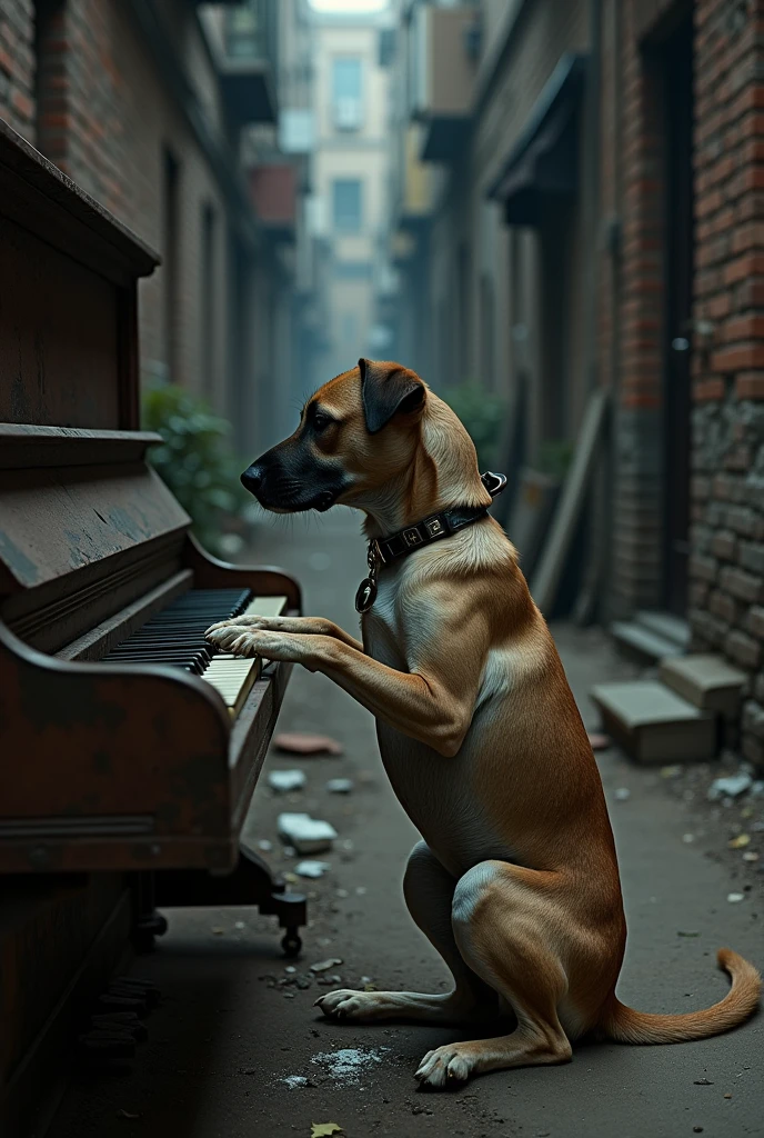 Photo of a homeless dog playing the piano