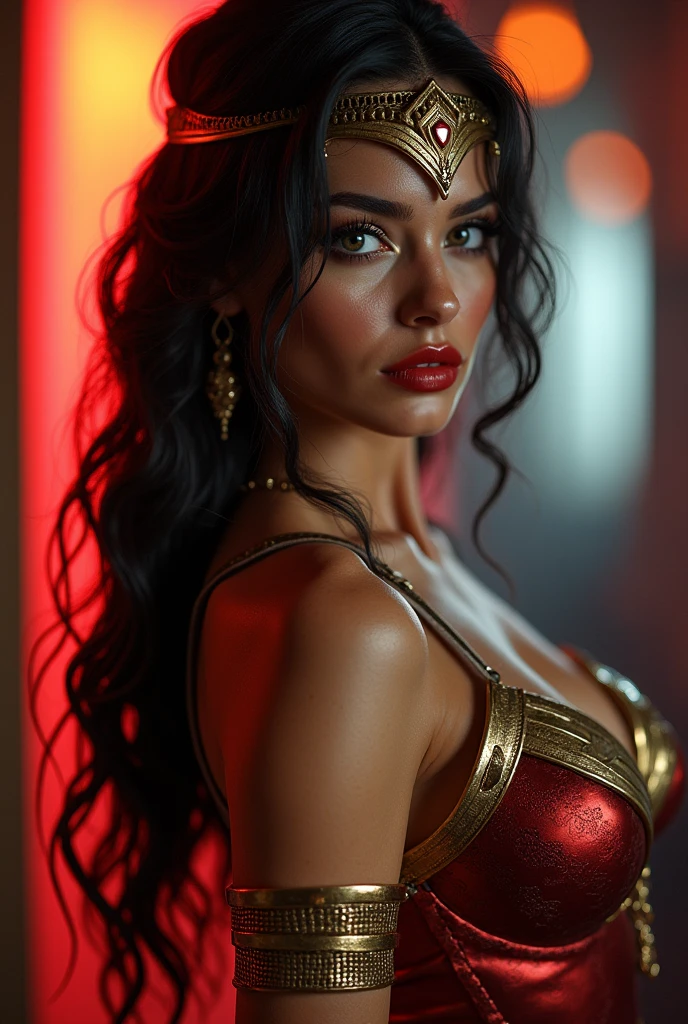 photorealistic, highly detailed, masterpiece, hyper-realistic, (Bella Thorne:1.2), 1girl, beautiful detailed eyes, beautiful detailed lips, extremely detailed eyes and face, long eyelashes, (busty bikini bigger:1.3), (wonder woman costume:1.1), middle ages bracelets, exotic tiara, (lingerie top with ornaments:1.1), studio lighting, dramatic lighting, vibrant colors, cinematic, intricate details, unreal engine, 8k, photorealistic skin, detailed fabric textures