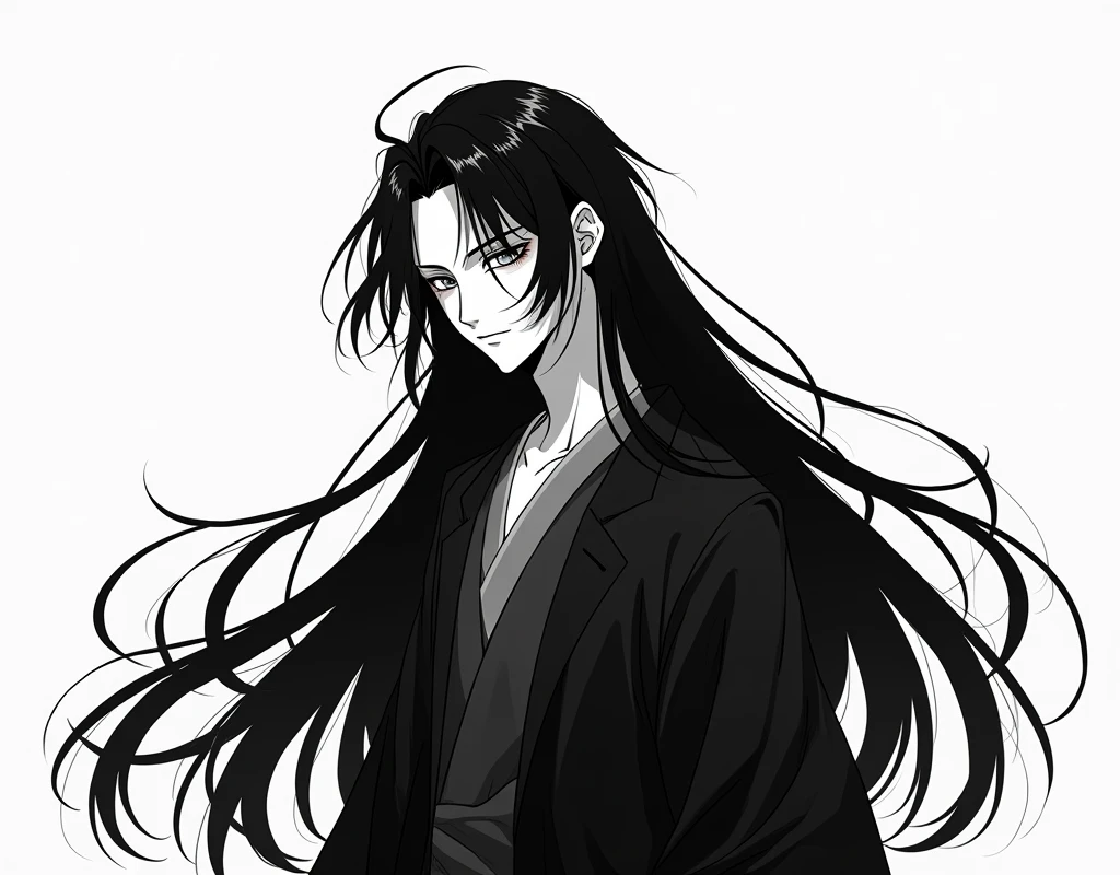 generate black and white japanese style anime character, man, Long hair