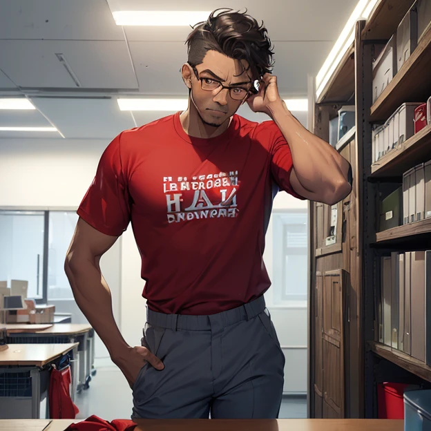 (master piece, best high quality image, very good detailed image, very good detailed character, very good detailed background, very detailed textures, carefully detailed and textures, character alone, full body)
{{((1:character: 5 middle-aged man:(light-brown skin, brown eyes, red glasses, short shaven black hair, scared face, sweating, thinking pose),(red jshirt, grey pants),(clean worker office, blue walls, simple))}}