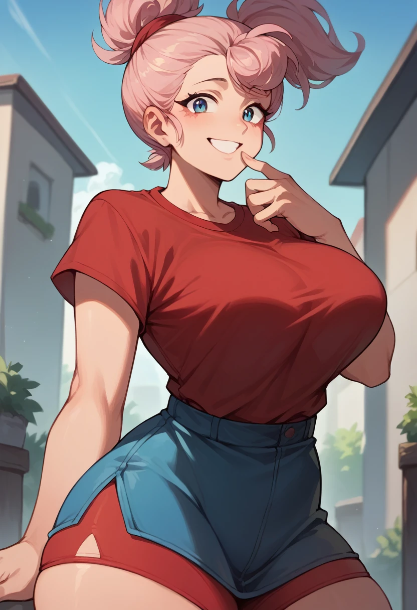 happy smile, seeing point of view, red underwear, slightly tight clothing, blue and red shirt, Big full breasts, giant thighs, hand on chin 