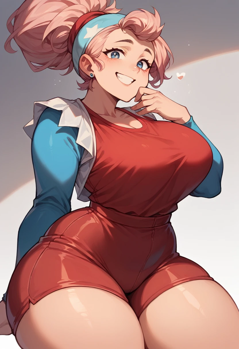 happy smile, seeing point of view, red underwear, slightly tight clothing, blue and red shirt, Big full breasts, giant thighs, hand on chin 