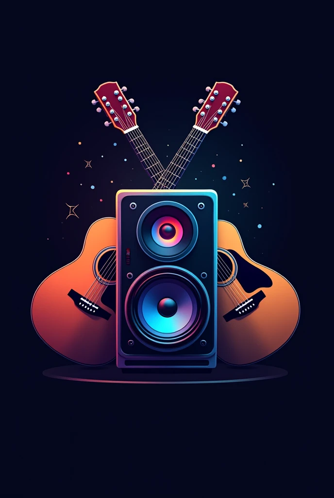A logo for a podcast channel depicting a stereo speaker with RGB lights in the center crossed by two acoustic guitars