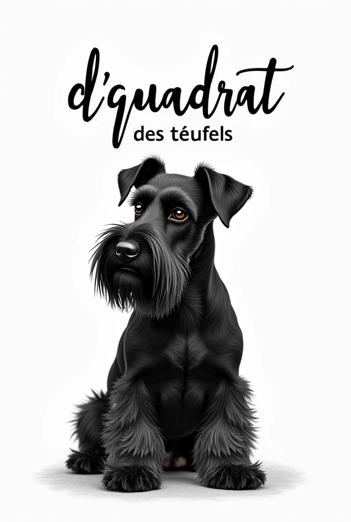 "Generate an eye-catching logo for a Miniature Schnauzer breeder breeder Black Variety , miniature size, that he has a lot of beard that the design of his ears is elegant . The dog must be elegant, black color , strong head and CROPPED ears. The name of the kennel is D' Quadrat Des Teufels which means devil's box and should be written prominently in an elegant font.. If the drawing can be done in pencil, all the better.