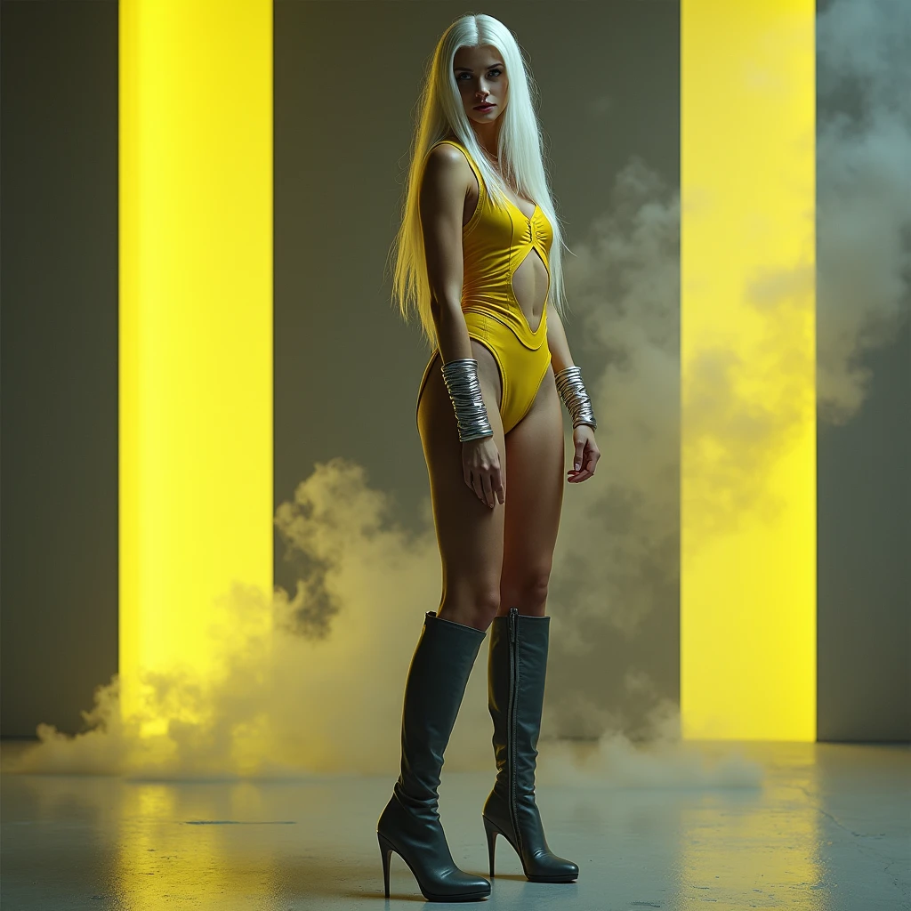 A woman with long white hair,A yellow bodysuit with a structured cut and strategic cutouts, highlighting curves without revealing too much. The fabric has a slight metallic sheen. Accessories like geometric bracelets in silver and yellow tones. On the feet, dark gray knee-high boots with neon accents,standing, facing away from the camera, head turned to the side looking over the shoulder, with a seductive expression, but introspective. The yellow lights cast a geometric shadow on your silhouette. The left hand is lightly positioned on the hip, while the right holds a symbolic object which is an open book,A slight gray or yellow smoke effect, hovering in the background, adds a sense of mystery and depth to the image,A minimalist studio with neutral tones (blackw, white and grey), with a touch of fluorescent yellow in strategic points, as light strips or geometric projections on walls. The idea is to convey a sense of intellectual emptiness, but with small interventions of color that symbolize the active mind. A polished concrete floor reflects soft lights.