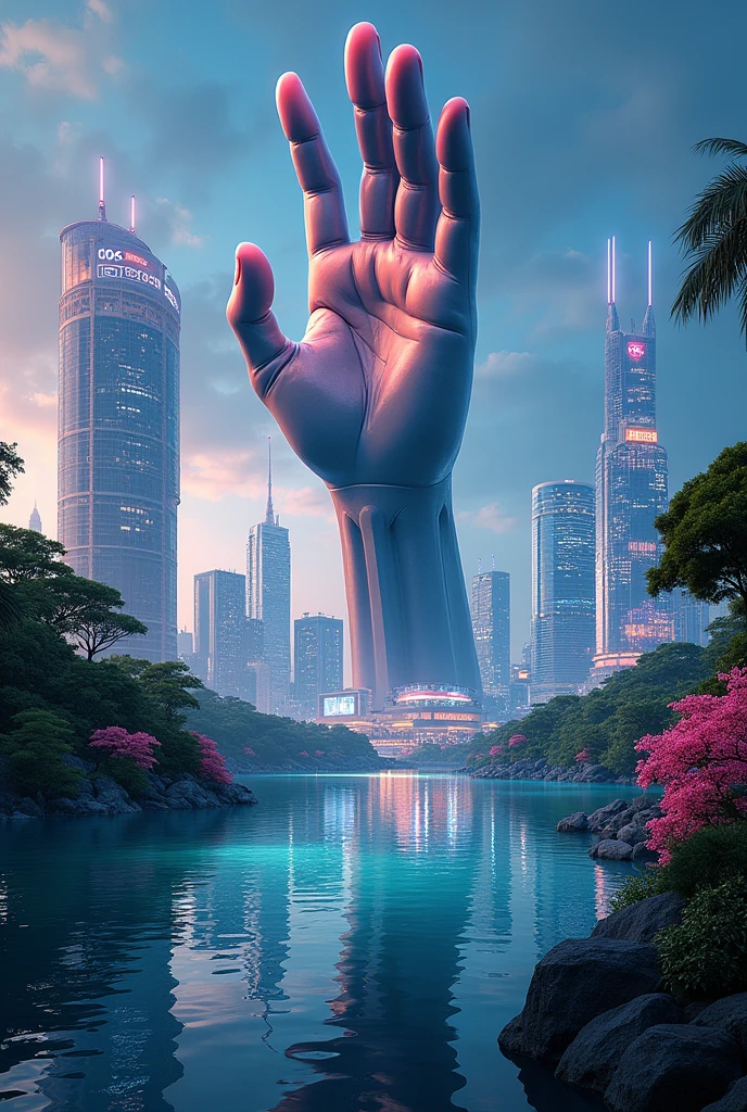 Big city Tokyo style, full of lights and buildings. A large lake in the middle of the city and a huge statue of a hand full of trees and plants