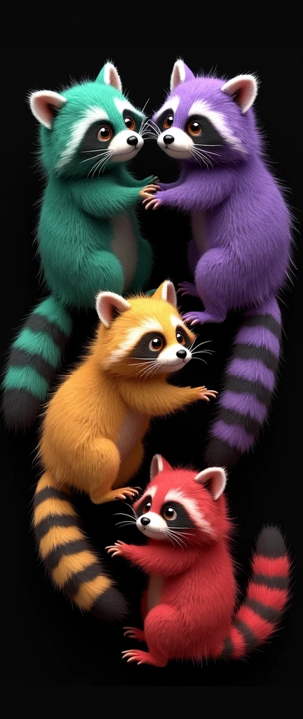 A mesmerizing 3D render of four adorable and fluffy baby raccoons, each depicted in their respective colors: emerald green, vibrant deep purple, golden yellow, and deep red. The side view of each painting emphasizes the intricate details, captivating eyes, and elegant poses of the raccoons, drawing the viewer into their enchanting world. The black canvas creates a striking contrast, enhancing the mystique and enigmatic aura surrounding the creatures. This artistic masterpiece presents the subjects in a unique and imaginative manner, delighting the senses and sparking contemplation, all within a visually stunning and appealing composition., photo, painting, 3d render