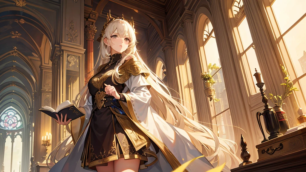 A beautiful girl is standing on the right side of the picture (not big size) reads a book , warm toned drawing, let her stand closer and look towards the drawing, growth half the drawing