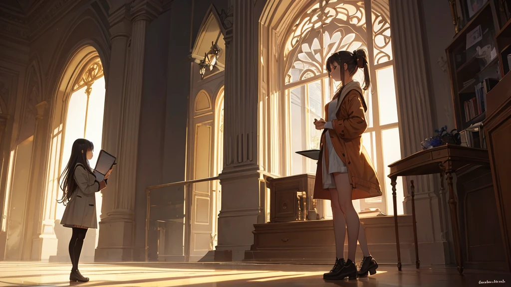 A beautiful girl is standing on the right side of the picture (not big size) reads a book , warm toned drawing, let her stand closer and look towards the drawing, growth half the drawing 