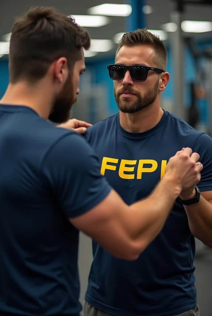 Make me a blind individual, not too strong, wearing sunglasses, training bodybuilding alongside his personal trainer, his personal trainer is helping him execute the movement. Put on a navy blue t-shirt, written FEPI in yellow. 