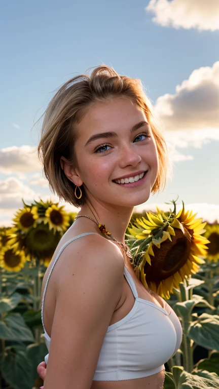 (realistic),18 yo blonde girl . Full lips. Eyes wide. Very short hair, well-trained body, (( sweaty skin)), short hair, Beautiful and colorful sunflowers shining in the summer sun
, (((surrounded by sunflower fields, blue sky, white clouds and beautiful sunflowers)))
, earrings, necklaces,