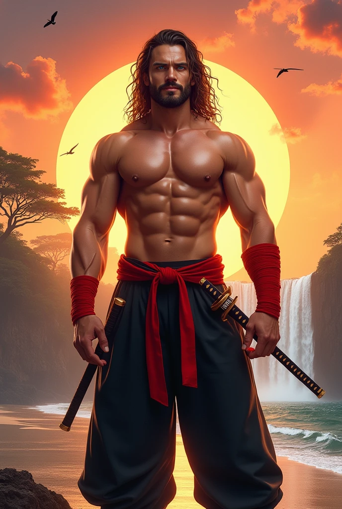 Realistic Digital Art Style -- Strong Man -- No Shirt -- Aura of Strength, charisma and confidence -- Smiling beautifully, smile -- Handsome face -- Bright blue eyes -- Long wavy brown hair -- Short beard -- Black Samurai pants -- Red sash tied around the waist -- Red bandages on the wrists -- Pose of hero and superiority -- Katana on the waist -- Background scenery is a beautiful plain with sun, Trees, waterfall and orange sky, extremely detaild, soft ambient lighting, 4K, perfects eyes, a perfect face, perfect lighting, the 1 girl)), context: The man is confident and smiling happily, strong and determined, is alone in this environment. detaileds: The sun is shining brightly, waves are gently lapping in the background, and birds are flying in the clear blue sky. ))