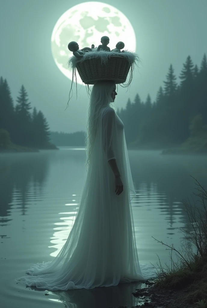 A ghost woman wearing a white dress at the edge of a lake  , and on the woman&#39;s head a basket with three dead babies 