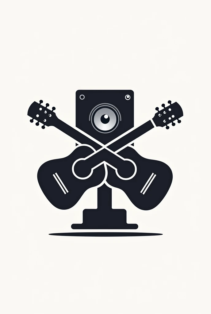A logo for a podcast channel depicting a stereo speaker in the center crossed by two acoustic guitars