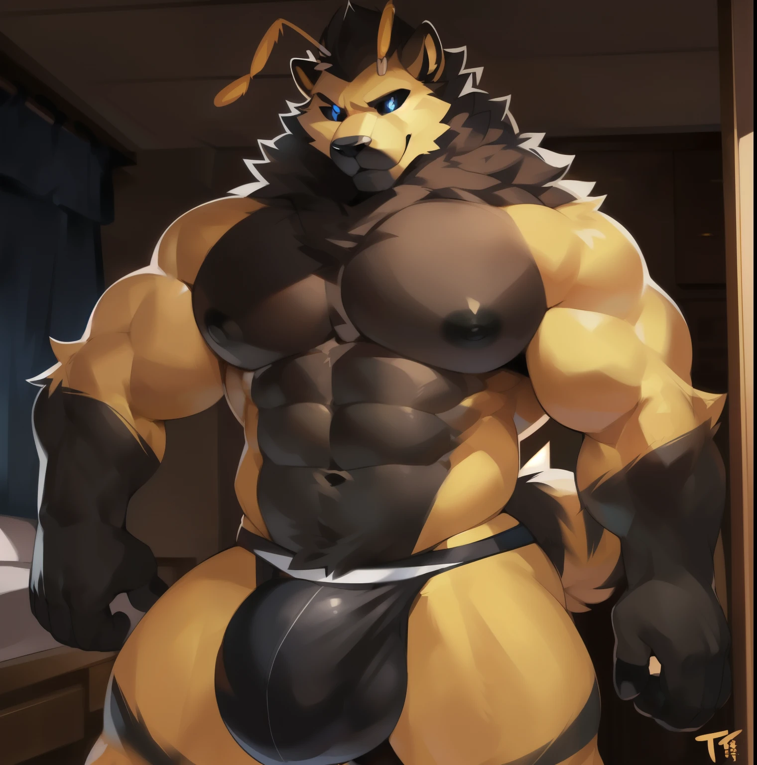 Solo, Anthro, male (((bee, hornet, insect, fluffy, antennae, bee antennae, pincers, muscular, muscular thighs, huge pecs, juicy pecs, abs, yellow body, black chest, black abdomen, black stripes, black snout, yellow fur, black fur, striped fur, black nipples, black chin, black sclera, light blue eyes, mane, black main, black chin, yellow pecs, black hands, naked, big bulge))) bedroom, standing, detailed hands, detailed arms, detailed bulge, detailed ears, black jockstrap, jockstrap, honey, thick honey, honey on pecs, full body, by darkgem, by mystikfox61, by glitter trap boy