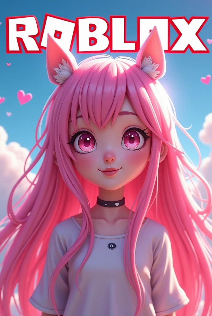 Roblox style poster of a girl with long pink hair, White skin, animated pink eyes, happy, what does Roblox say