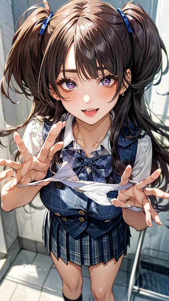 (masterpiece:1.3, top-quality, ultra high res, ultra detailed), (realistic, photorealistic:1.4), beautiful illustration, perfect lighting, natural lighting, colorful, depth of fields, surrealism,
beautiful detailed hair, beautiful detailed face, beautiful detailed eyes, beautiful clavicle, beautiful body, beautiful chest, beautiful thigh, beautiful legs, beautiful fingers, shiny skin, face,
looking at viewer, focus on panties, 1 girl, japanese, high school girl, (perfect anatomy, anatomically correct, super detailed skin), cute and symmetrical face, perfect face, perfect eyes,
(long hair, (two side up), straight hair, sandy beige hair), asymmetrical bangs, blue eyes, big eyes, long eyelashes, (large breasts:1.2, seductive thighs), slender, outstanding style,
((detailed cloth texture, break,break, white collared shirt, break,break, navy blue suit vest, break,break, blue plaid pleated skirt, break,break, purple blue bow tie), socks, black loafer),
(beautiful scenery), (laundry room, laundry bascket, a few underwears are in a laundry bascket), (standing, leaning forward),
(heart shaped pupils, :3, aroused, ahegao, orgasm, in heat, naughty face, seductive smile, open mouth small),
prensenting panties, (white panty:1.2), (pee stain panty:1.5), (yellow stain panties:1.2), holding, (holding panties), ((five fingers)), no panties,