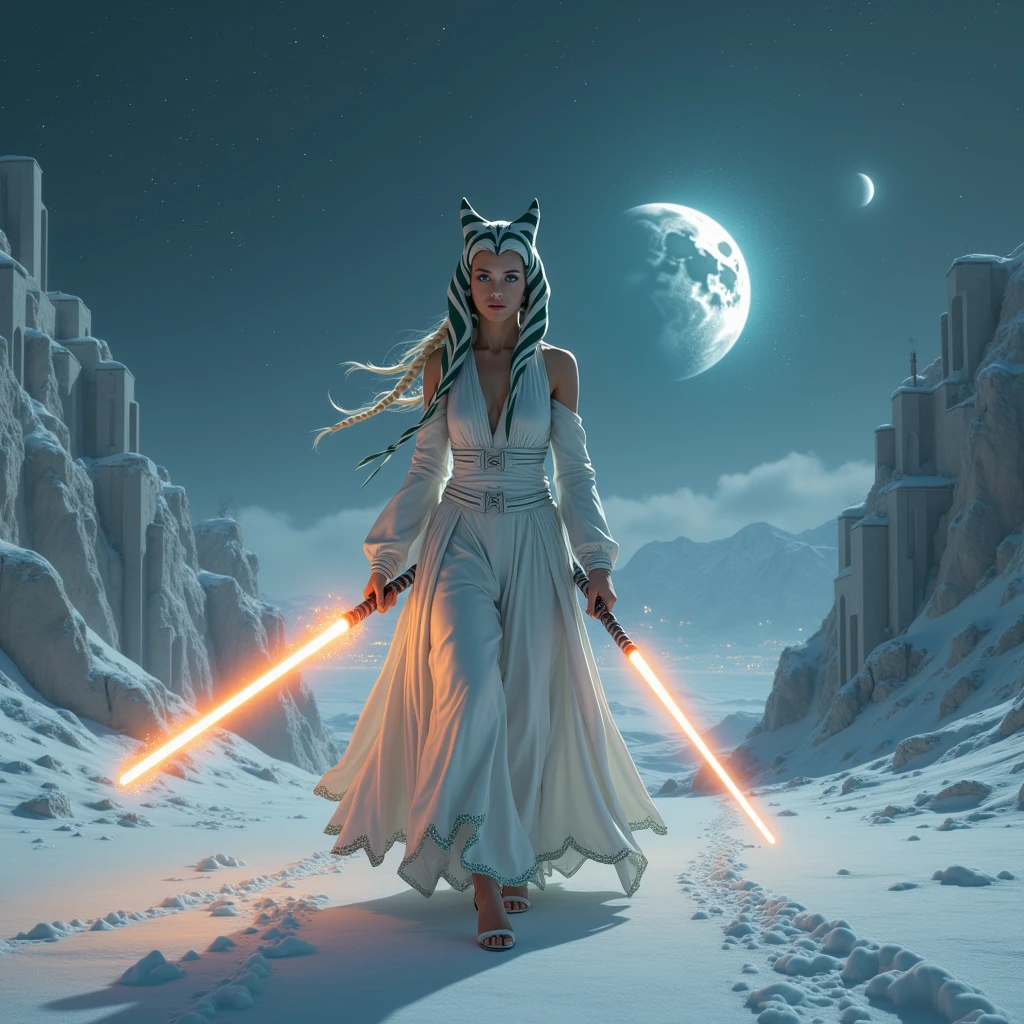 crée une image haute qualité 8k, photo réaliste. La scène est vue de très haut, comme si on observait un monde lointain depuis les cieux. Dans une cité futuriste, entièrement enneigée et plongée dans une nuit noire et profonde, une figure solitaire marche avec grâce. Cette femme de 39 ans, qui ressemble à Adèle Exarchopoulos mais avec les traits distinctifs du personnage de Star Wars, Ahsoka Tano, se déplace avec une élégance sereine. Elle porte une longue robe blanche, fluide et légère, qui ondule doucement à chaque pas. La robe est ornée de coutures et de liserés verts délicats, qui ajoutent une touche de contraste subtile. Une ceinture en cuir blanc, simple mais raffinée, encercle sa taille, avec une boucle argentée qui capte discrètement la lumière des deux lunes dans le ciel.Ses yeux, d'un bleu éclatant et perçant, sont une source de calme et de détermination. Le regard qu'elle projette est à la fois apaisant et résolu, comme si elle était pleinement consciente de la mission qui l'attend. Dans chaque main, elle tient un sabre laser orangé, dont les lames crépitent avec une énergie intense. Les étincelles tombent sur le sol enneigé, créant de petits éclats de lumière qui illuminent temporairement la neige sous ses pieds. Autour d'elle, la cité futuriste est silencieuse, presque endormie sous le manteau neigeux. Les bâtiments aux formes géométriques modernes sont faiblement éclairés par les rayons doux des deux lunes qui flottent haut dans le ciel. L'une des lunes est plus grande, projetant une lumière argentée, tandis que l'autre, plus , émet une lueur bleutée. Au loin, derrière la cité, se dresse une immense planète, visible à travers le ciel dégagé. Cette planète est entourée d'un majestueux anneau de débris stellaires, scintillant faiblement, ajoutant une dimension cosmique à la scène. L'atmosphère est à la fois mystique et solennelle, marquée par la solitude de cette femme qui avance, sabres en main, dans un monde où l'ombre de l'infini espace semble s