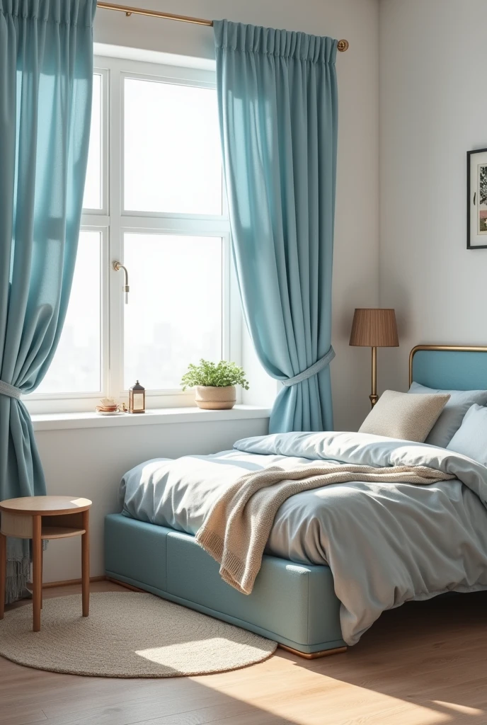 The bed is light blue, the comforter is gray, the curtains are light blue, the floor is light brown, and there is a desk next to it.