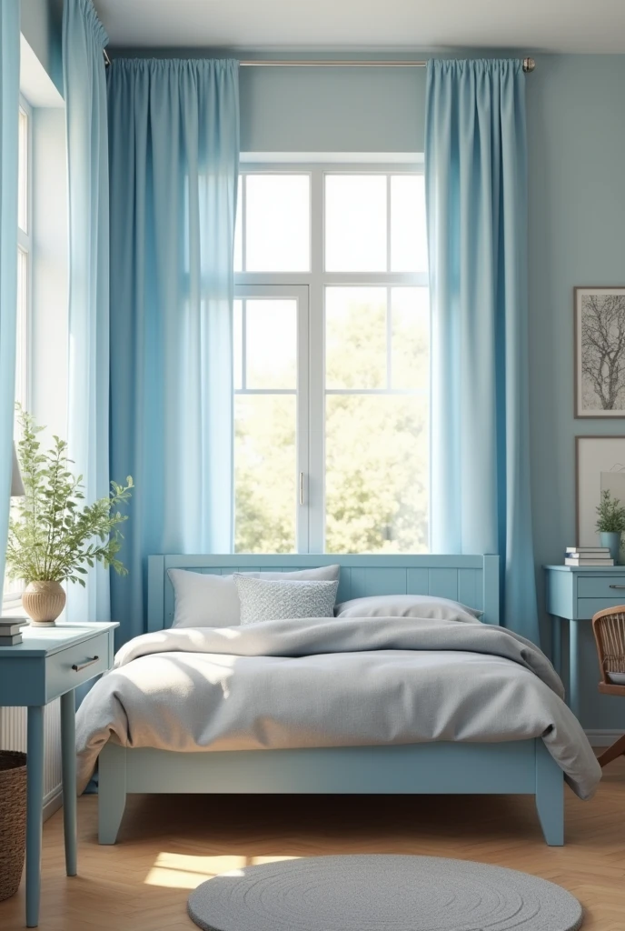 The bed is light blue, the comforter is gray, the curtains are light blue, the floor is light brown, and there is a desk next to it.