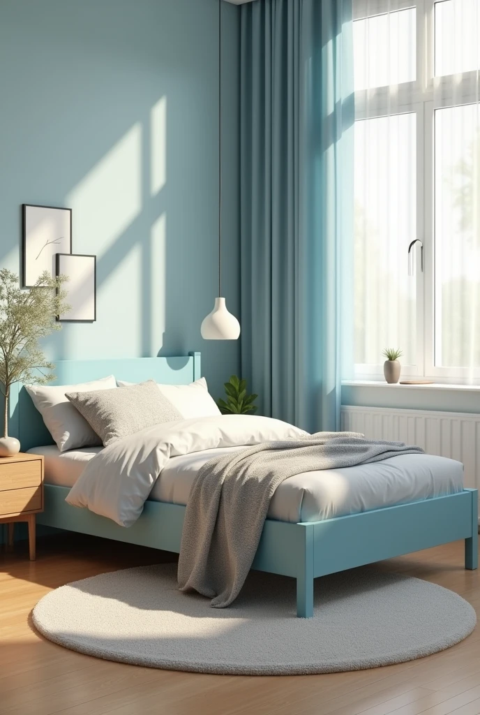 The bed is light blue, the comforter is gray, the curtains are light blue, the floor is light brown, and there is a desk next to it.