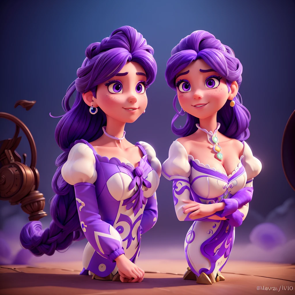 a detailed portrait of two disney-style characters, one representing odoo (purple and white) and the other representing nuova service (blue and white), standing side by side, highly detailed, intricate character design, vivid colors, dynamic poses, whimsical expressions, cinematic lighting, cinematic angle, hyper-realistic, 8k, beautiful detailed eyes, beautiful detailed lips, extremely detailed facial features, long eyelashes, elegant costumes, masterpiece, photorealistic, professional, studio lighting, physically-based rendering, ultra-fine painting, sharp focus, vibrant colors, dynamic composition