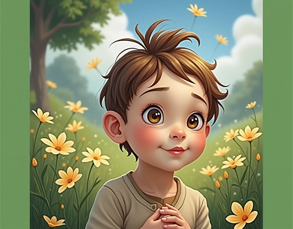 Close-up of kid Ali, his eyes full of innocence and warmth. A soft glow surrounds him, symbolizing the faith and love in his heart. He is smiling gently, with his hands over his  as though feeling the depth of his beliefs.