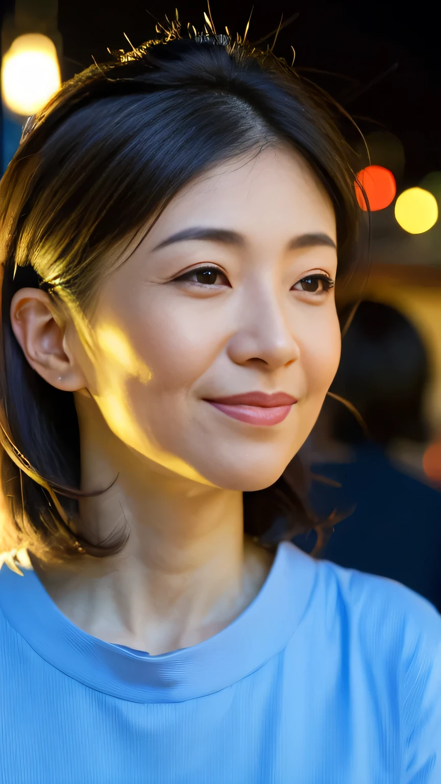 1 Japan, 40 years old, (Realistic facial wrinkles:1.1),  (Upward-facing chest)、(Lifted breasts)、(Shapely C cup breasts), (Wearing a blue blouse:1.2),(RAW Photos, Highest quality), (Realistic, Photorealistic:1.4), Tabletop, Very delicate and beautiful, Very detailed, 2k wallpaper, wonderful, In detail, Very detailed CG Unity 8k 壁紙, Very detailed, High resolution, Soft Light, Beautiful detailed, Very detailed目と顔, Beautifully detailed nose, Beautiful attention to detail,Cinema Lighting,City lights at night,Perfect Anatomy,Slender body,smile,、