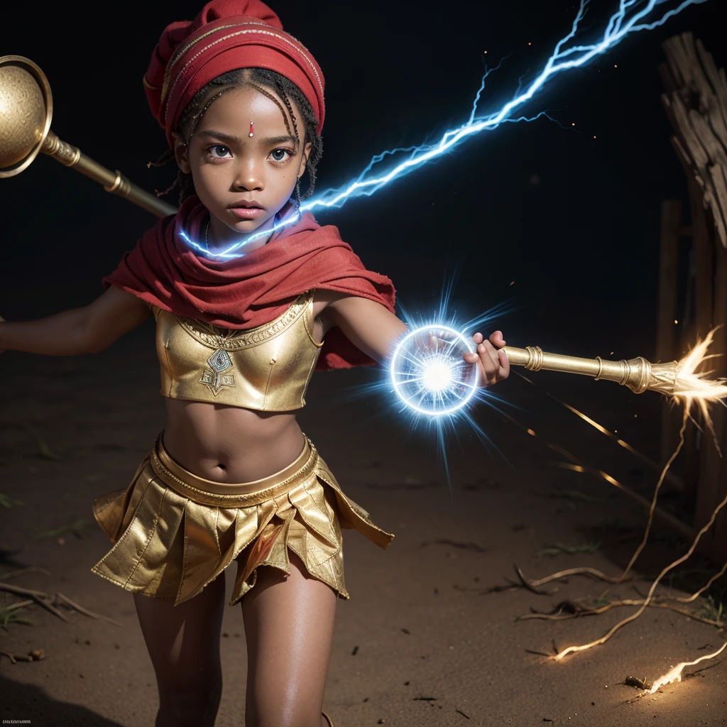 Pixar 3d Create an illustration of a young African child warrior with a powerful, confident stance. The child should have dark skin, wearing traditional African-inspired attire, including a red headscarf and a matching red tunic with golden accents. The warrior is holding a magical staff that emits bright blue lightning. The background should be simple, focusing attention on the child and the glowing blue energy surrounding the staff
