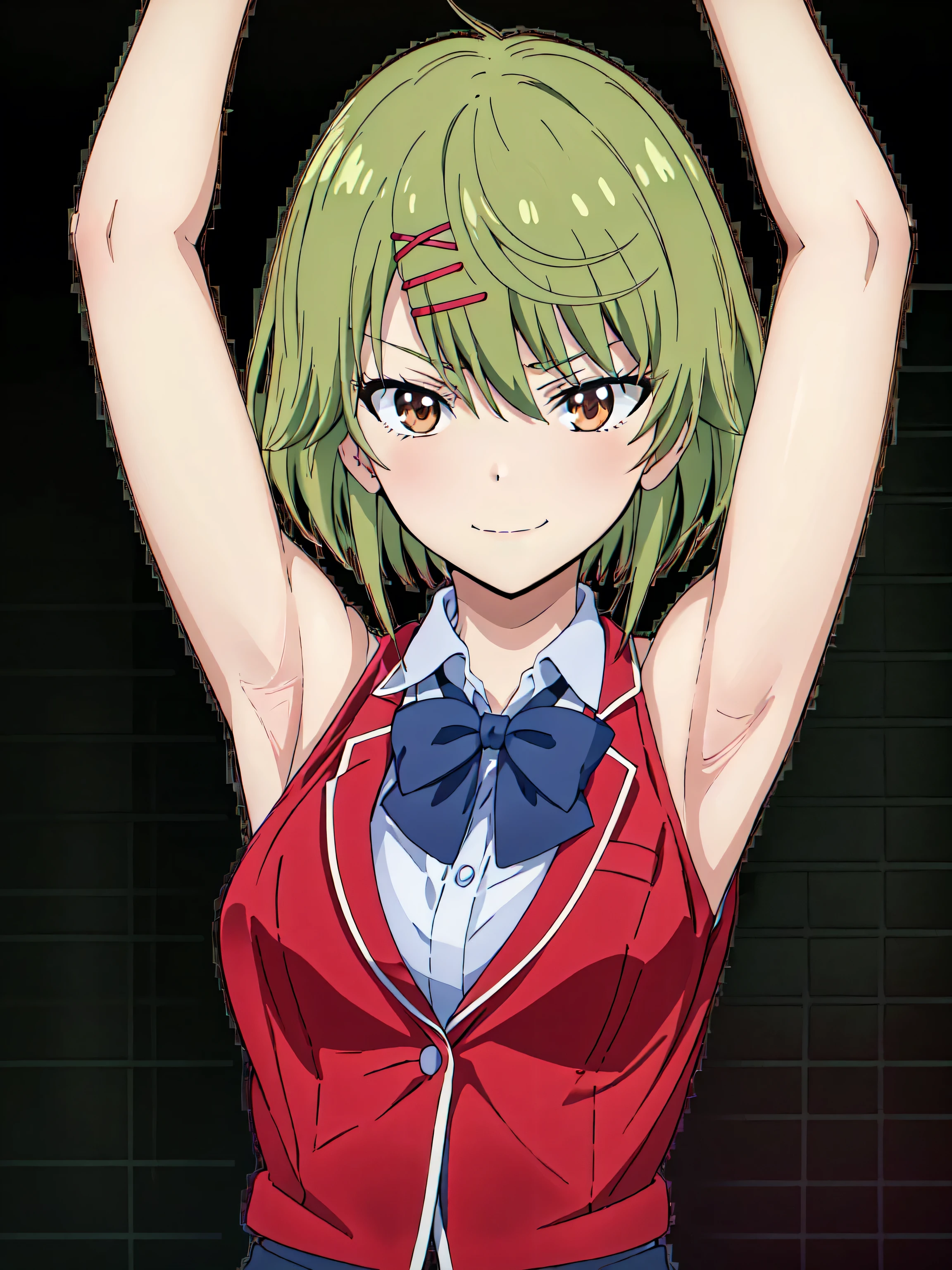 Manabe, (green hair, medium hair, hair ribbon, x hairclip:1.2), (brown eyes, shining brown eyes:1.3), medium breasts, Manabe Attire, red jacket, sleeveless jacket, bowtie, dark blue bowtie, white shirt, collared shirt, sleeveless shirt, 1girl, solo, anime screencap, frontlighting, (simple background, black background, dark background:1.3), masterpiece, absurdres, hdr, soft light, best quality, detailed, highres, shiny skin, shiny hair, (looking at viewer, eye contact with viewer:1.5), smile, smug, (closed mouth:1.2), arms up, raised arms, armpits, in the center, symmetrical, upright,