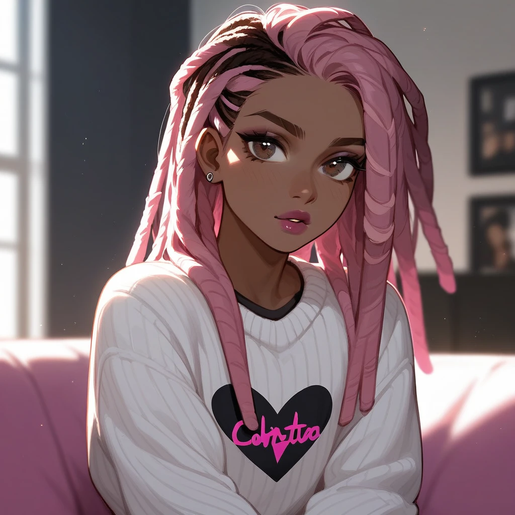 Best quality, highly detailed, ultra detailed, dynamic lighting, tan brown skin femboy, male chest, slim curvy body, pink hair, dreadlocks, long pink dreadlocks, pink dreadlocks, dark brown eyes, nails, lipgloss, goth, pink and black cotton sweater crop top, black thong, big butt, staring seductively, sitting on couchluxury living room, close up