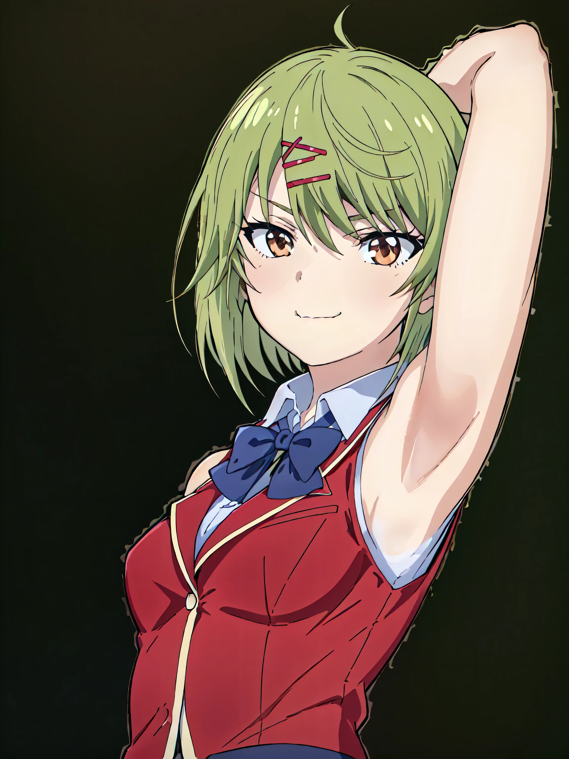 Manabe, (green hair, medium hair, hair ribbon, x hairclip:1.2), (brown eyes, shining brown eyes:1.3), medium breasts, Manabe Attire, red jacket, sleeveless jacket, bowtie, dark blue bowtie, white shirt, collared shirt, sleeveless shirt, bare shoulders, bare arms, 1girl, solo, anime screencap, frontlighting, (simple background, black background, dark background:1.3), masterpiece, absurdres, hdr, soft light, best quality, detailed, highres, shiny skin, shiny hair, (looking at viewer, eye contact with viewer:1.5), smile, smug, (closed mouth:1.2), arm up, raised arm, armpit, (from side, from below:1.4)
