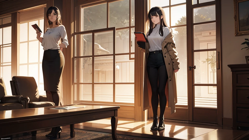 A beautiful girl is standing on the right side of the picture (not big size) reads a book , warm toned drawing, let her stand closer and look towards the drawing, growth half the drawing 
