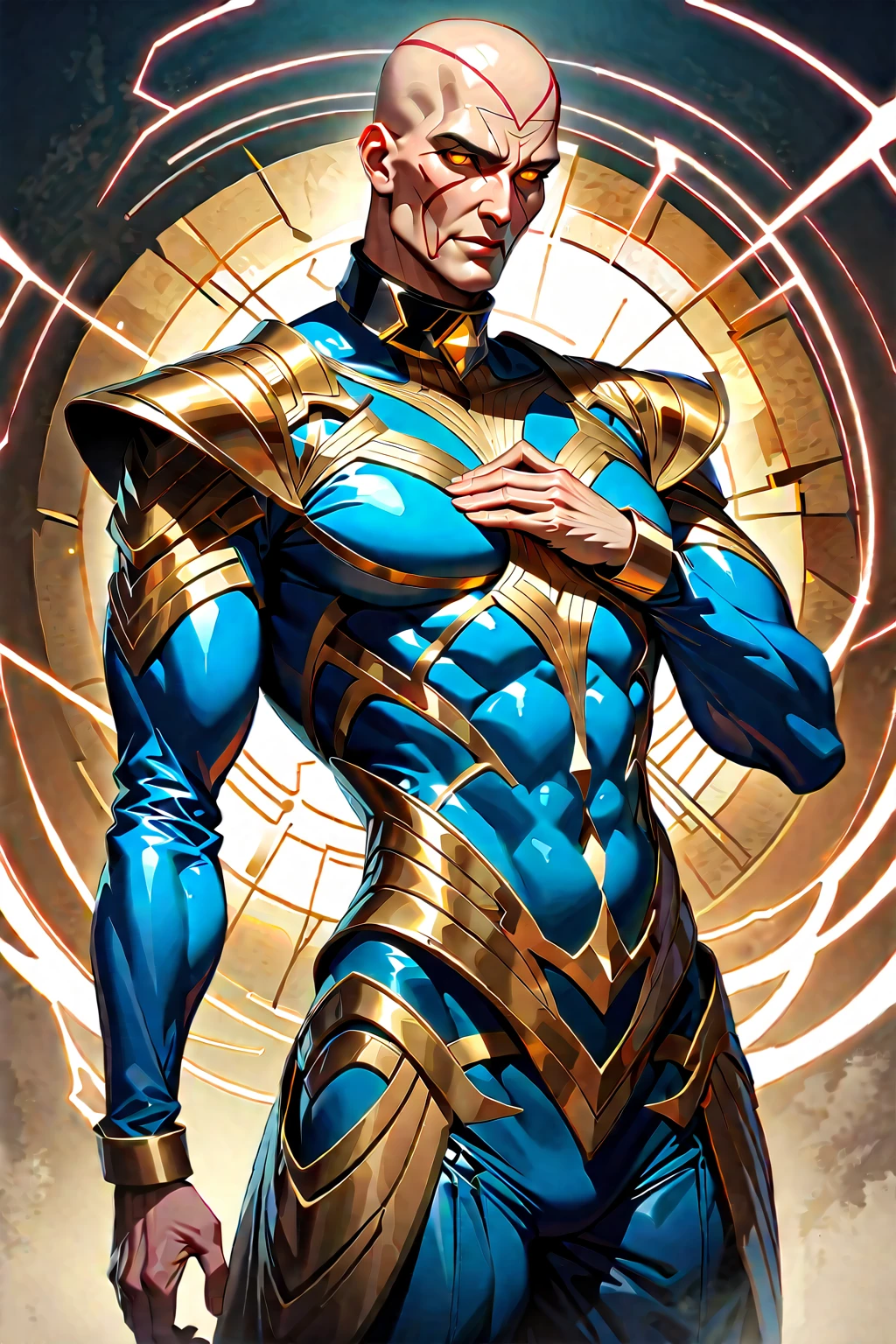 sharp,A bald man, ((red tattoos on his head and face), wise gaze, sturdy yet slender figure, a fantasy-style tight-fitting long coat, adorned with luxurious black decorations on the collar and shoulders and waist, matching loose trousers, his palms emit a radiant glow, encircled by light and electricity, the ground to crack beneath him, mature male, high definition, best quality, highres, ultra-detailed, perfect body proportions, golden ratio, anatomically correct, symmetrical face, extremely detailed eyes and face, high quality eyes, 50yo,masterpiece:1.5