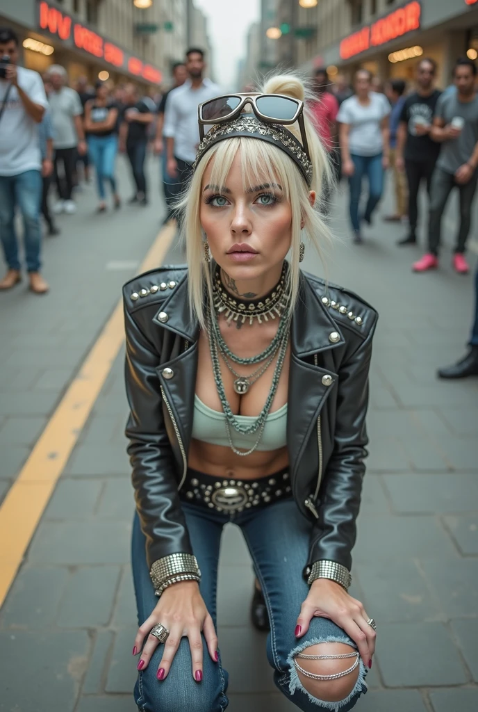 russian old milf woman, blonde platinum hair (beehive bun) and oversized square sunglasses as headband), with very light green eyes, extremely pale. Wearing studded cropped black moto jacket (zippers on the sides, skull patches on the sleeves), green shiny satin push up bra, dark skinny low rise blue jeans with patched holes on knees .White tennis sneakkers. Lots of thick wide studded bracelets, chain collars and big rings. Tacky wide studded leather belt with big eagle oval buckle. Long earrings with chains. Kneeling, craving for the ice cream of the photographer. Hands on knees. Looking at the camera, Toned abdominals, thin neck, slim legs and thin arms. Narrow hips. Heavily tattooed. Crowded street of Saudi Arabia