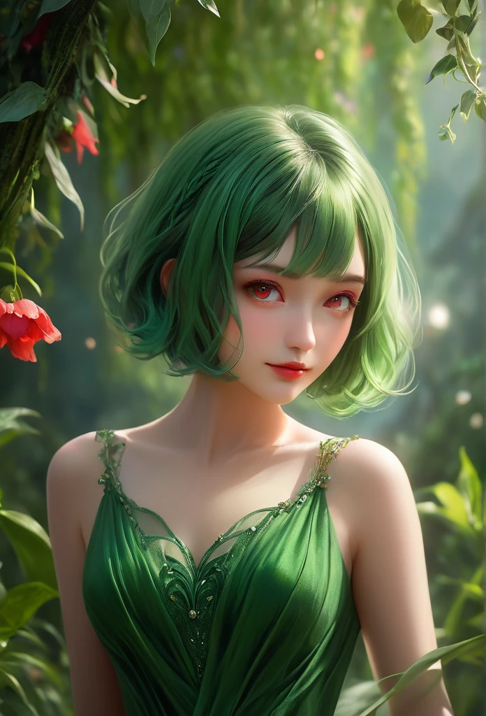 1girl, green hair, red eyes, very transpatent dress, short hair, (alone:1.3), (best quality,4k,8k,highres,masterpiece:1.2),ultra-detailed,(realistic,photorealistic,photo-realistic:1.37),elegant,intricate,whimsical,fantasy,magical,ethereal,cinematic lighting,dramatic shadows,vivid colors,lush flora,serene atmosphere,delicate features,piercing gaze,graceful posture,flowing dress,soft focus,warm tones