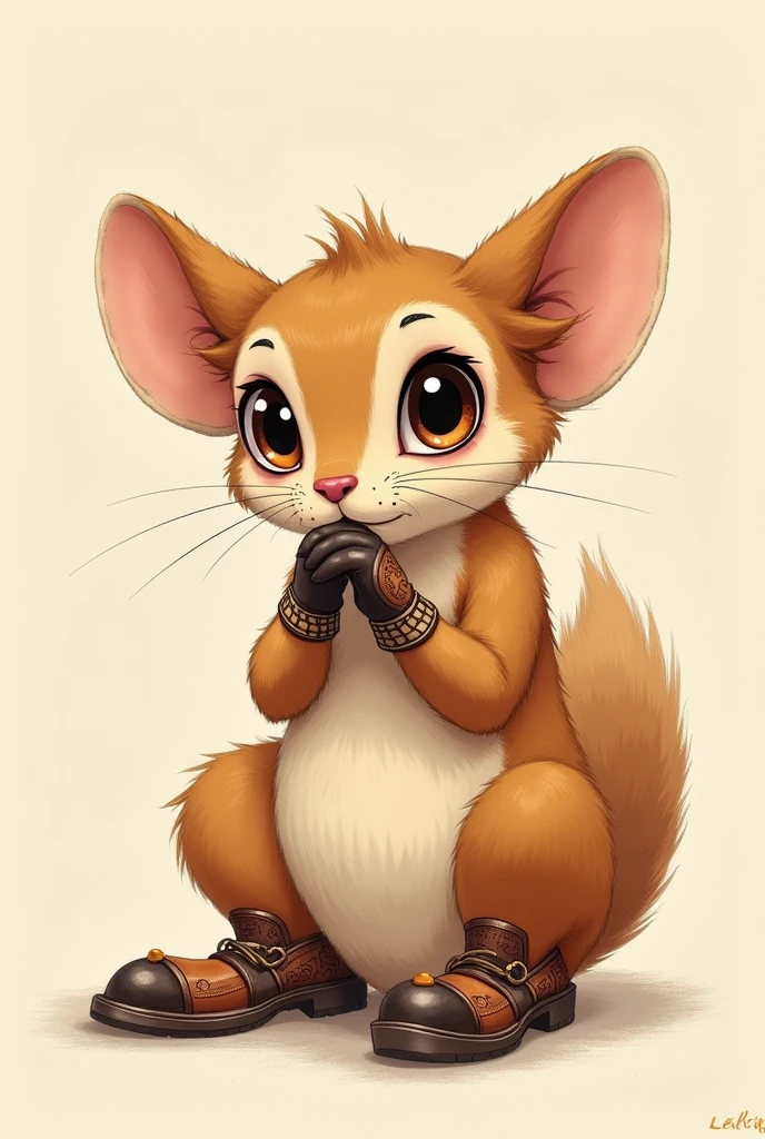 Ray the flying squirrel hugging own legs looking at the viewer with his shoes and gloves on 