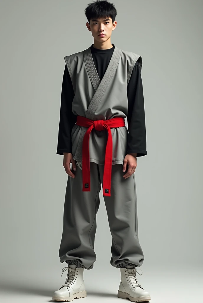 20 year old boy with pale white skin
European features
Good body Wearing a tight black shirt Long sleeves , over it a grey karate suit sleeveless, and red belt, Black pants and white plain boots
Realistic