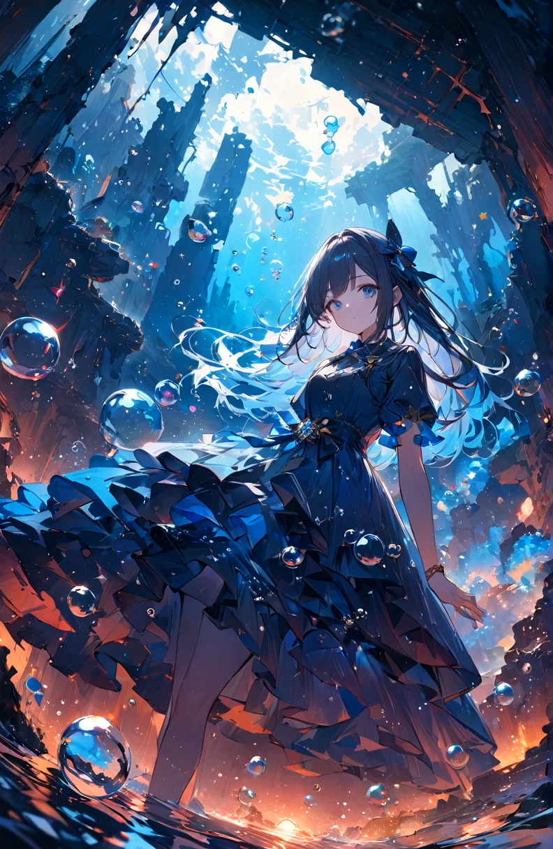 ((Ridiculous)),超high resolution, Attention to detail, high quality, high resolution, 最high quality, 4K, 8K、Sunken ruins、Girl in the water、There are bubbles around、Deep blue world、comprehensive, Deep blue toned artwork