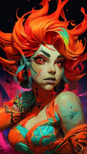 (fauvism art:1.2), (style of Alberto Seveso:1.4), woman with flaming body and a fierce expression, (hateful expression:1), sparking fire red eyes, hell, nobody can flee, dark lava theme, colorful, visually stunning, beautiful, gorgeous, emotional, intricate, perferct shading