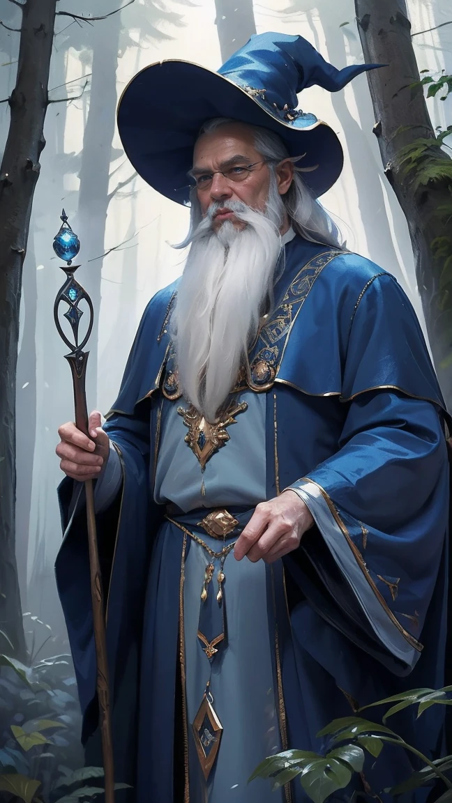 "A 50-year-old wizard with a white beard, a strong, muscular body, wearing a ((brimmed wizard's hat)), ((perfect hands)) who resembles a younger Dumbledore from 'Harry Potter'. He has a long gray beard and wise, piercing eyes. He wears a tall, pointed hat and a flowing blue robe with silver embroidery. The wizard is in an ancient, mysterious forest, surrounded by tall, dense trees. Blue mist swirls around the forest floor, creating a magical and mysterious atmosphere. His robe flutters in the wind, and his staff, adorned with blue and silver details, glows. The scene is filled with an ethereal and otherworldly aura, with the blue smoke adding to the sense of magic.",
"size": "1024x1024"
}