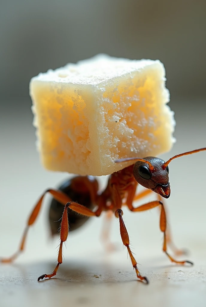 A realistic ant lifting a sugar cube on its back
