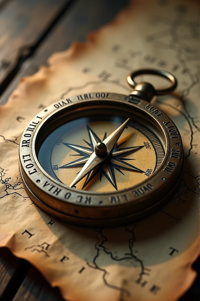An old, weathered compass, whose needle is constantly moving. The compass is on a map, which is half hidden, 