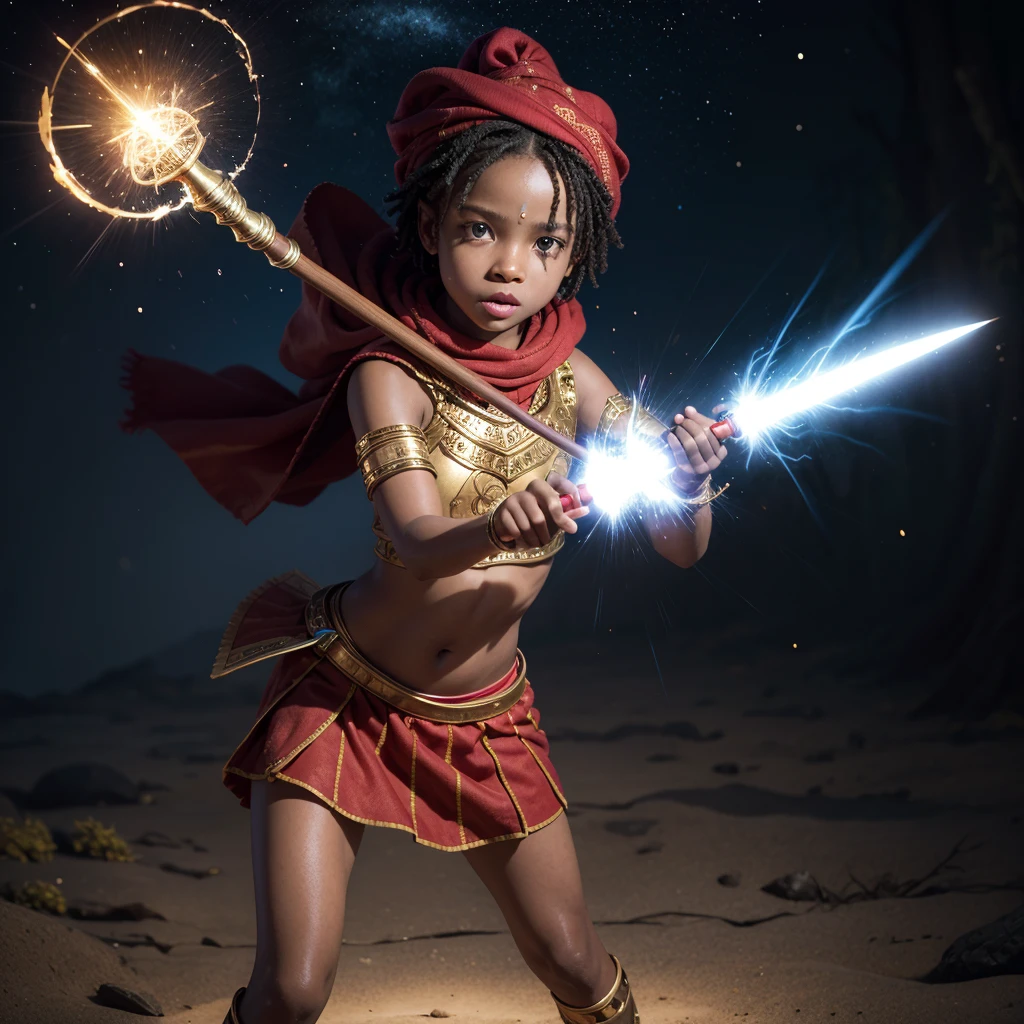 Pixar 3d Create an illustration of a young African child warrior with a powerful, confident stance. The child should have dark skin, wearing traditional African-inspired attire, including a red headscarf and a matching red tunic with golden accents. The warrior is holding a magical staff that emits bright blue lightning. The background should be simple, focusing attention on the child and the glowing blue energy surrounding the staff