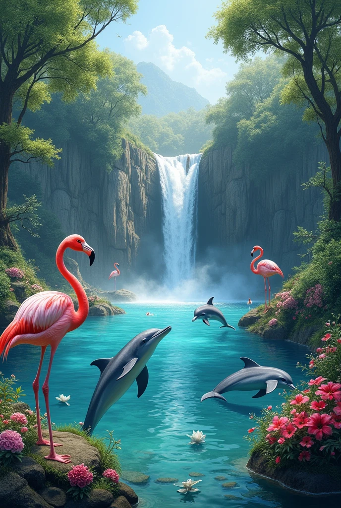 Create an image with a beautiful landscape, waterfalls, Many aquatic animals and with dolphins and flamingos