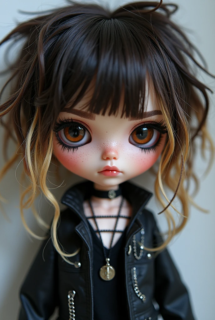Make me a blythe doll, with messy hair with the root in the middle, in layers, Dark brown with blonde highlights in front, Very dark brown eyes with black eyeshadow, eyeliner and highlighter, silver chains and alternative