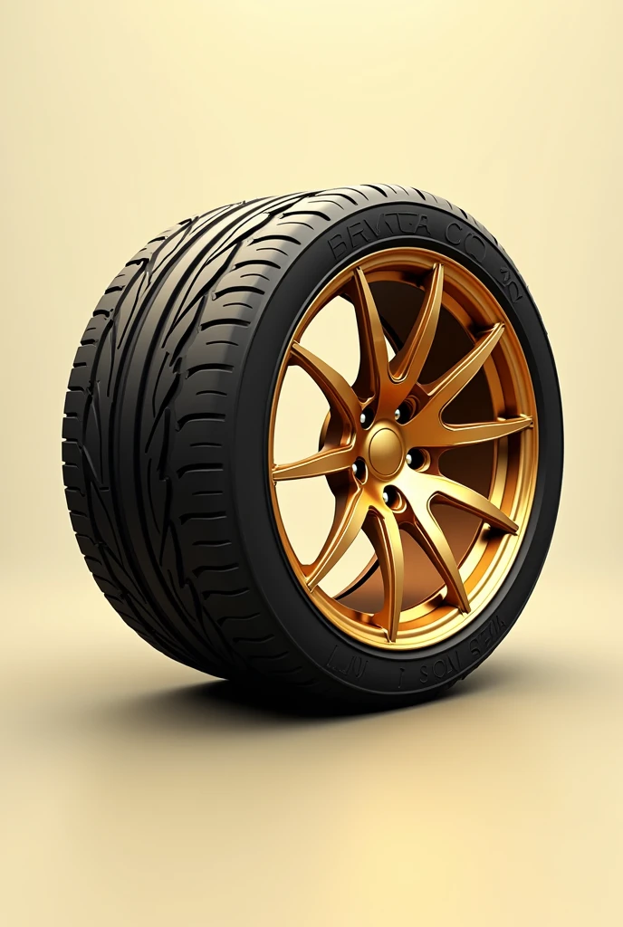 Create an image of a logo for a car accessories store where the logo is a golden tire and rims and with creative but simple effects